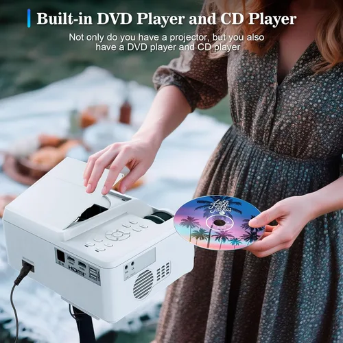 Vista 3 de [Usado] Proyector de DVD portátil con reproductor de DVD integrado, mini proyector de películas con altavoz integrado, compatible
