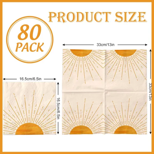 Vista 2 de Whaline 80 servilletas de papel de cumpleaños de estilo bohemio con sol y amanecer y sol, desechables, servilletas de almuerzo desechables para baby