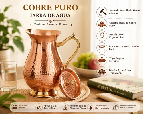 Vista 3 de Jarra de cobre 100% puro de 50.7 fl oz (50.72 onzas) – Jarra de agua de cobre martillado con tapa y asa, jarra de agua de cobre ayurvédica