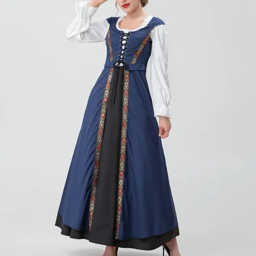 Vista 7 de Vintage Retro Costume for Women Renaissance Patchwork Long Sleeve Dress Square Neck Tunic Steampunk Long Dresses