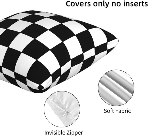 Vista 2 de Juego de 2 fundas de almohada de tablero de ajedrez en blanco y negro a cuadros, suaves, cuadradas, para sofá, decoración del hogar, 18 x 18 pulgadas