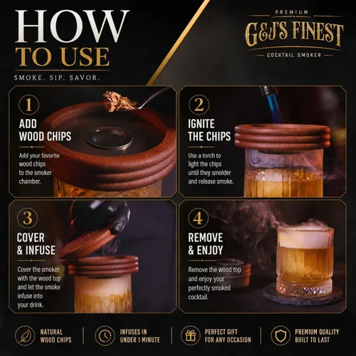 Vista 5 de Kit para ahumar whisky Kit para ahumar cócteles con antorcha, protector térmico, tapa, 6 astillas de madera y caja de regalo para cócteles a