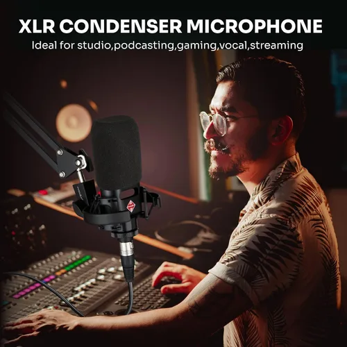 Vista 4 de Micrófono condensador PROAR XLR con diafragma de 0.984 in para voces y grabación Large diaphragm professional metal studio mic for PC recording