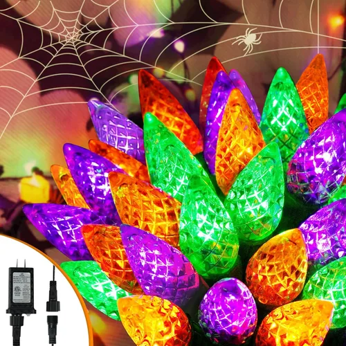 Vista 8 de Guirnalda de luces de Halloween conectables C6 de 250 LED, 82 pies, impermeable, luz morada para exteriores, luz parpadeante de hadas enchufable