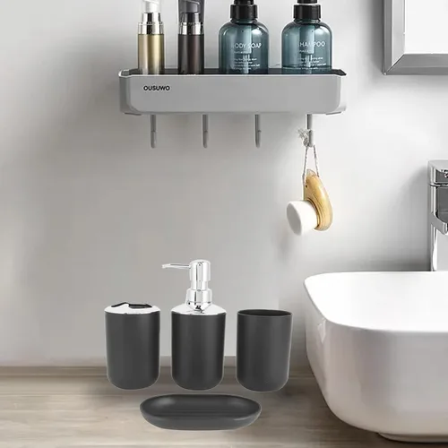 Vista 8 de Juego de 4 accesorios de baño, con dispensador de jabón, botella, cepillo de dientes y soporte para pasta de dientes, taza para cepillos de dientes