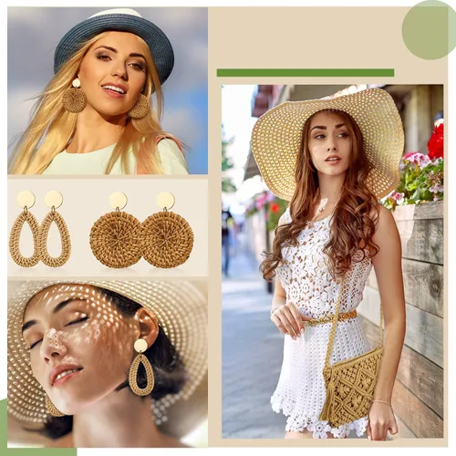 Vista 2 de Juego de bolsa de hombro de paja y aretes, bolsa de ratán, bolso de paja, bolso cruzado de vacaciones con 4 pares de aretes de ratán bohemio