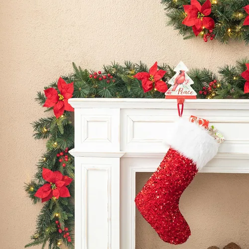 Vista 15 de Glitzhome - Guirnalda de Navidad de 9 pies con luces, guirnalda de Navidad para repisa, guirnalda de Navidad artificial preiluminada con conos