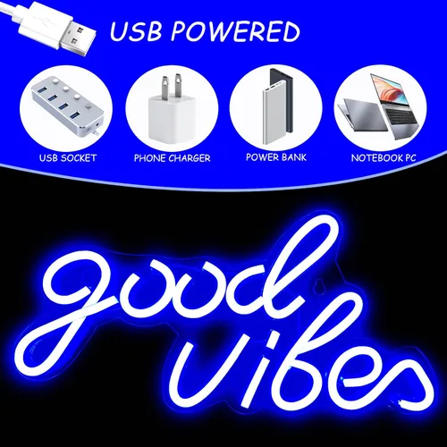 Vista 7 de Good Vibes - Letrero de neón LED para decoración de pared, luces de neón azules para dormitorio y fiesta, luz de neón brillante alimentada por USB