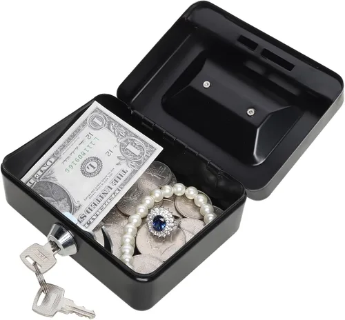 Vista 5 de Caja de dinero pequeña con bandeja de dinero y cerradura, caja de dinero de metal para efectivo, caja de seguridad XXS, color negro