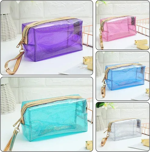 Vista 5 de Meetory 5 bolsas de cosméticos transparentes impermeables con cremallera, bolsas de plástico transparente de PVC para maquillaje, bolsa de aseo