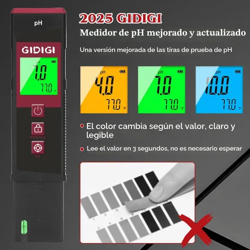 Vista 3 de Medidor de pH Digital de Alta Precisión Certificado UL con Kits de Prueba de pH, Pantalla LCD Retroiluminada de Color con Tira de Prueba de pH