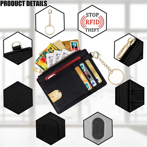 Vista 3 de Cartera delgada de bolsillo, bloqueo RFID, cartera con tarjetero con grillete en D y llavero desmontable para mujer, A-Negro, Moda