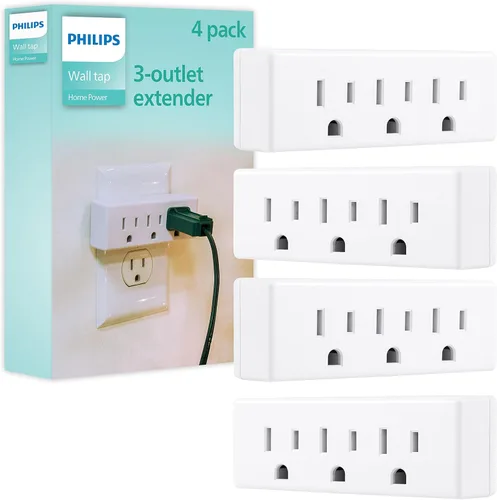 Vista 7 de Philips Extensor de 3 tomas, paquete de 2, grifo de pared con conexión a tierra, adaptador de 3 clavijas, enchufe múltiple, divisor de potencia