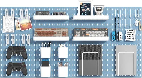 Vista 8 de MULSAME Kit de Combinación de Tablero Perforado, Conjunto de Almacenamiento Montado en Pared con 8 Tableros Perforados y 32 Accesorios Colgantes