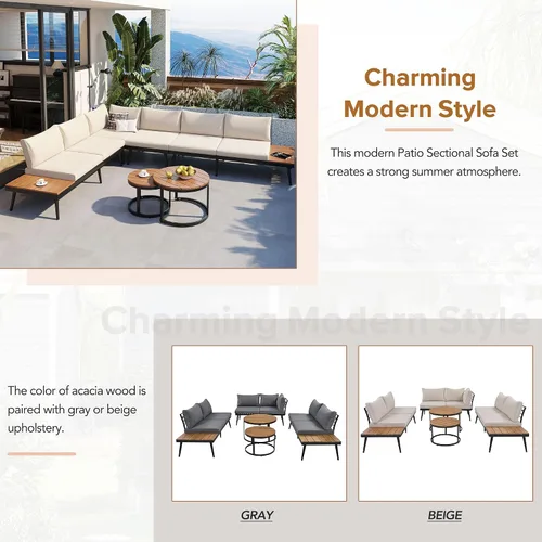Vista 7 de RUNNA Moderno juego de muebles para exteriores, juego de sofá modular de 6 piezas con mesas de centro redondas anidables y sofá de asiento, juego