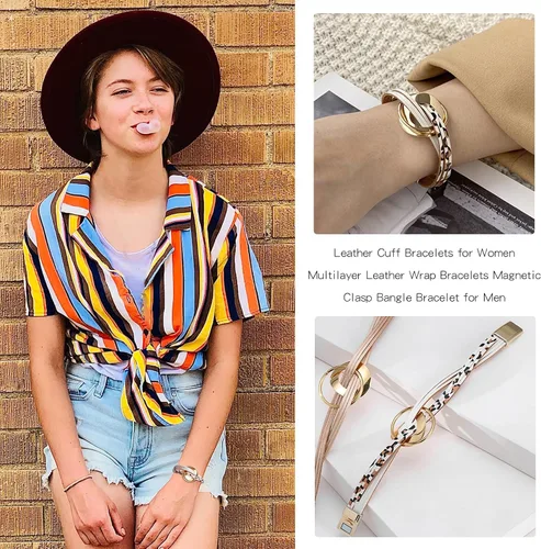 Vista 3 de Pulsera de cuero circular multicapa para mujer, estilo bohemio, geométrico, para hombre, cierre magnético, para adolescentes y niñas
