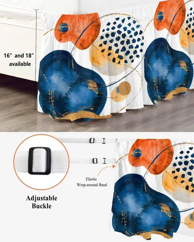 Vista 2 de Falda de cama de arte abstracto, tamaño Queen de 16 pulgadas de caída, ajustable y elástica, plisada, con volantes de polvo de lujo para cama