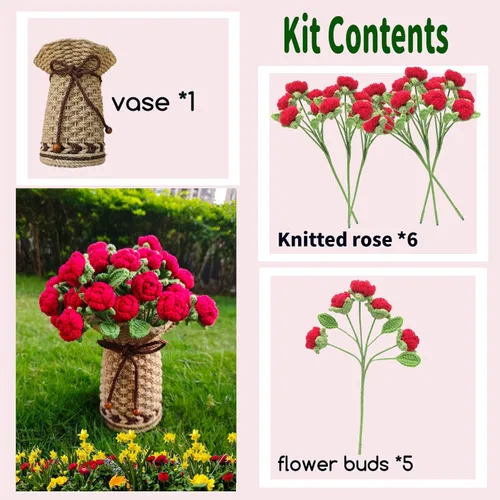 Vista 8 de THREEBOY Ramo de flores artificiales de ganchillo de rosas rojas con florero de punto para el Día de la Madre, San Valentín, decoración