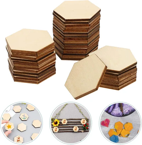 Vista 8 de EXCEART 50 piezas de madera hexagonales de 1.575 in con forma de madera hexagonal sin terminar, formas recortadas para manualidades, adornos