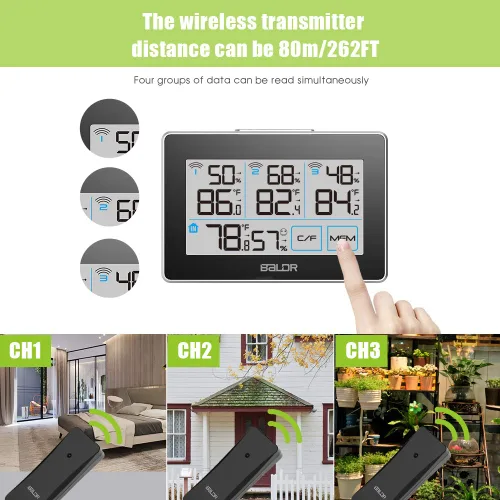 Vista 7 de BALDR Estación meteorológica para interiores y exteriores, termómetro inalámbrico, pantalla táctil, estación meteorológica LCD con 3 sensores
