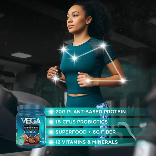 Vista 5 de Vega Organic All-in-One Proteína vegana en polvo sabor chocolate 9 porciones, ingredientes de superalimento, vitaminas para apoyo inmunológico