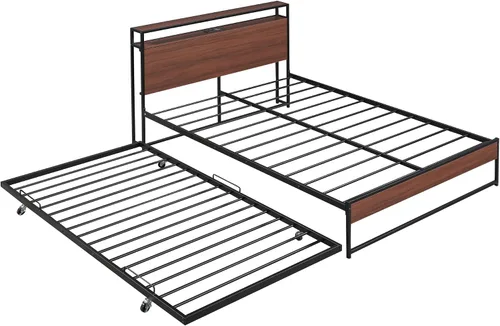 Vista 7 de SOFTSEA Marco de cama de plataforma de metal de tamaño matrimonial con nido, puertos USB con cabecera de almacenamiento de madera, cama de panel