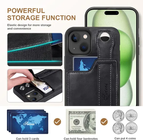 Vista 3 de Funda para iPhone 15 Plus 2023, de piel sintética, con ranura elástica para tarjetas, cierre magnético, correa de mano, funda protectora para iPhone