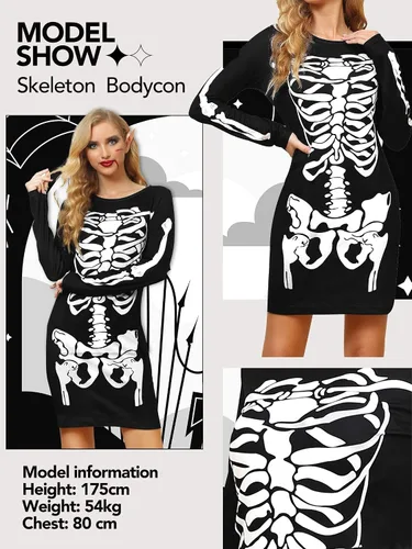 Vista 2 de XISOXU Disfraz sexy de Halloween para mujer, diseño de esqueleto, divertido, calabaza, murciélago, manga larga, cosplay, fiesta, baile