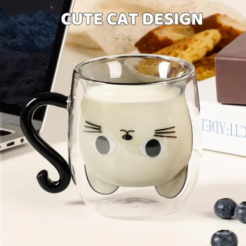 Vista 2 de PARACITY Taza Bonita de Gato, Tazas Bonitas de Cristal de Doble Pared con Asa 8.5 onzas, Regalos para Amantes de los Gatos para Mujeres, Regalos