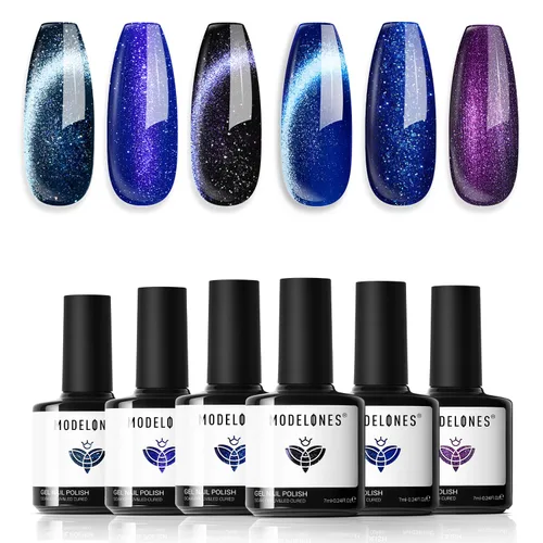 Vista 22 de modelones - Juego de 6 esmaltes en gel con efecto de ojo de gato cristalino, holográfico 9D, brillantina, negro, azul, morado, verde, con imán