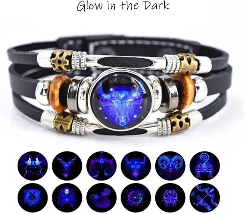 Vista 7 de 2 pulseras de cuero del zodiaco de constelación multicapa hechas a mano con signo del zodiaco para mujeres y hombres, joyería para regalo
