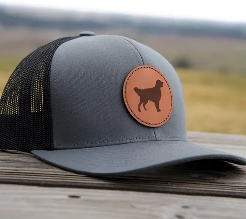 Vista 3 de Sombrero de cuero Golden Retriever Regalo Golden Retriever Sombrero de camionero dorado Gorra de béisbol Golden Retriever, Frente gris/malla