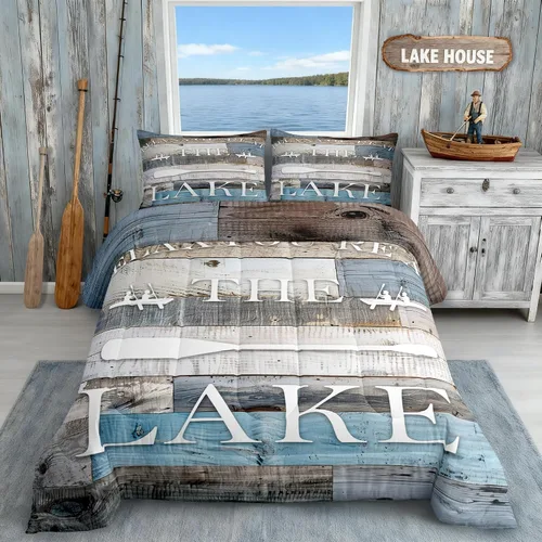 Vista 23 de Lake House - Juego de edredón tamaño individual, juego de ropa de cama rústica de granja vieja de 2 piezas para niños, adolescentes y adultos