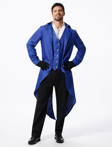 Vista 5 de Chaqueta larga estilo steampunk gótico medieval vintage para hombre, estilo victoriano, con botones, abrigo de golondrina, uniforme Azul