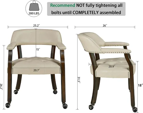 Vista 3 de LEEMTORIG Sillas de comedor grandes con ruedas y brazos, sillas de comedor con ruedas rodantes, sillas de escritorio de oficina de madera maciza, 26