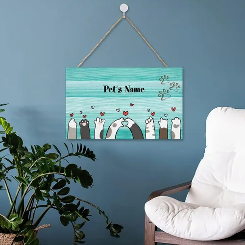 Vista 4 de Letrero de puerta colgante personalizado con diseño de pata de gato, letrero de pared personalizado con nombre de mascota, placas de madera