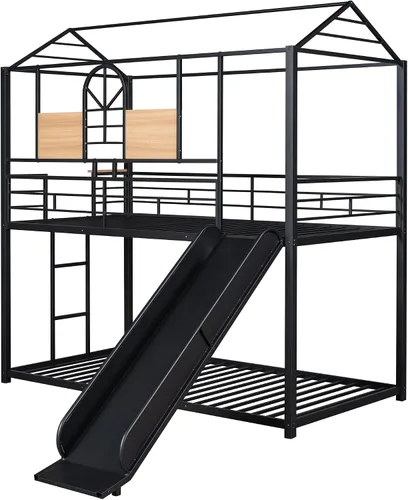 Vista 3 de Litera de metal individual sobre individual con escalera, litera de metal con tobogán para dormitorio de niños (casa negra con tobogán)