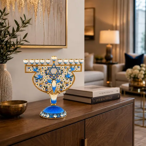 Vista 5 de Candelabro Menorá de Esmalte Pintado a Mano con Diseño de Palomas y Flores