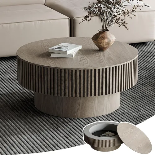 Vista 12 de Mesa de café redonda de 80 cm en madera, mesa de café circular moderna y única, mesa auxiliar contemporánea de roble con forma de tambor y acento