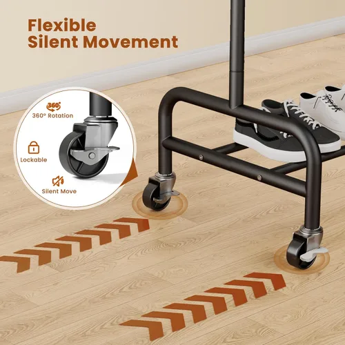 Vista 6 de Abiglifty Perchero con ruedas de 2 niveles, perchero resistente con ruedas, capacidad de 150 libras, 43 pulgadas de ancho x 17 pulgadas de Negro
