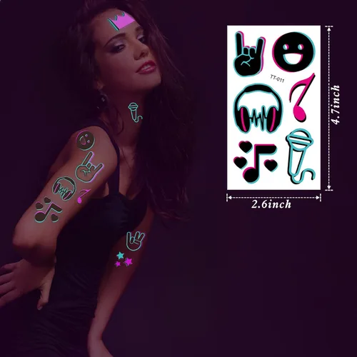 Vista 3 de Konsait 20 hojas de tatuajes de luz negra para adultos, notas musicales, tatuajes de brillo corporal, cara, tatuajes temporales, impermeables