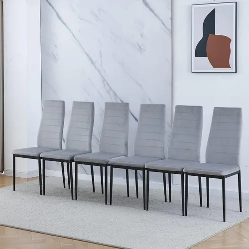 Vista 4 de Juego de 6 mesas de comedor y sillas negras modernas de 7 piezas para cocina pequeña, mesa rectangular de vidrio templado y 6 sillas de terciopelo