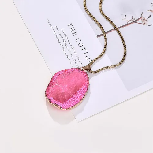 Vista 3 de Collar con colgante rosa de imitación de piedra Drusy rosa, piedra preciosa rosa para niña, regalos de boda para aniversario, día de la madre, día