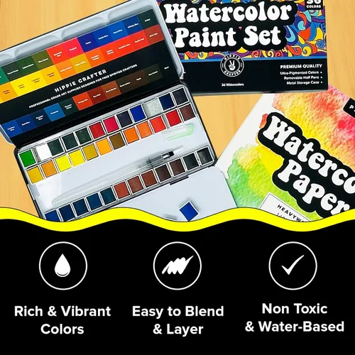 Vista 7 de Juego de pintura de acuarela profesional, 36 colores de agua, kit de pintura con paleta y pincel, pinturas de acuarela portátiles para viajes