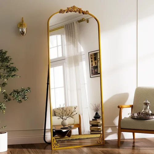 Vista 14 de GLSLAND Espejo Vintage - 72" x 44" Espejo de Cuerpo Completo Grande Tallado Arqueado con Marco de Metal Barroco Espejos de Cuerpo Completo para Negro