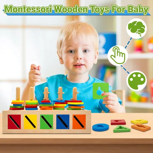 Vista 6 de Montessori - Juguetes apilables de madera para clasificar con reconocimiento de color, bloques de construcción, rompecabezas de formas para niños