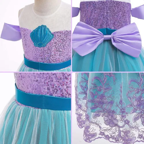 Vista 5 de Luzlen Vestido de princesa de sirena para niñas, disfraz de Ariel con accesorios, disfraz de cosplay de Halloween