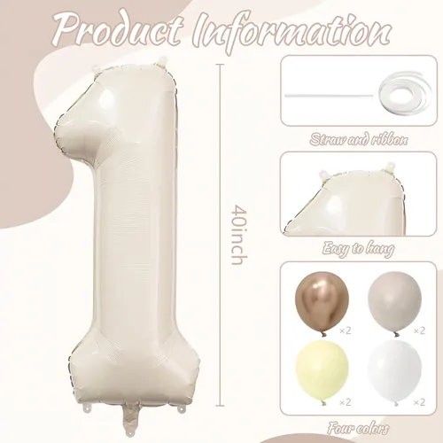 Vista 6 de Globo color crema número 1 de 40 pulgadas, color beige nude, número 1, con globos de arena blanca, globos beige nude champán, crema neutra