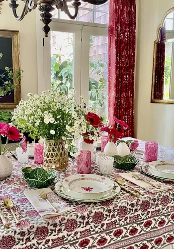 Vista 7 de Saffron Marigold Servilletas de cena 100% algodón rosa, juego de 6, estampado a mano con dalia Daydreams - diseño CP, comercio justo, servilletas