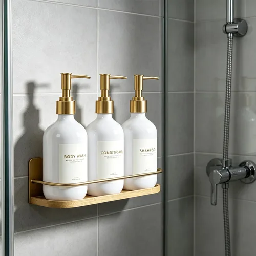 Vista 5 de Botellas dispensadoras de champú y acondicionador con bandeja de bambú Bomba blanca y dorada